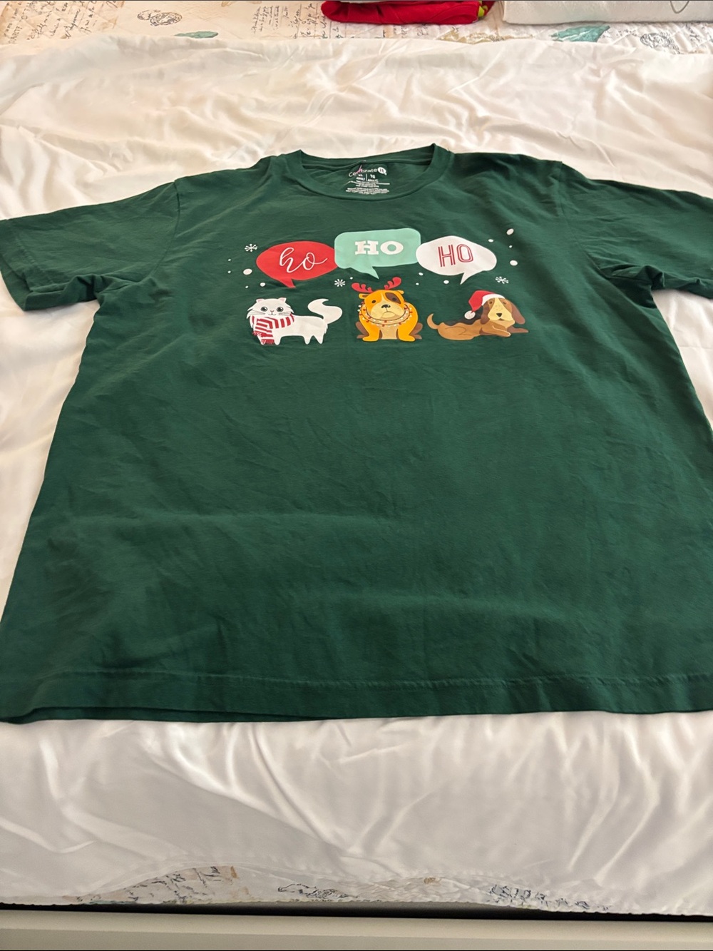 Celebrate It Dark Green adult Holiday Animal Tee with Festive Speech Bubbles